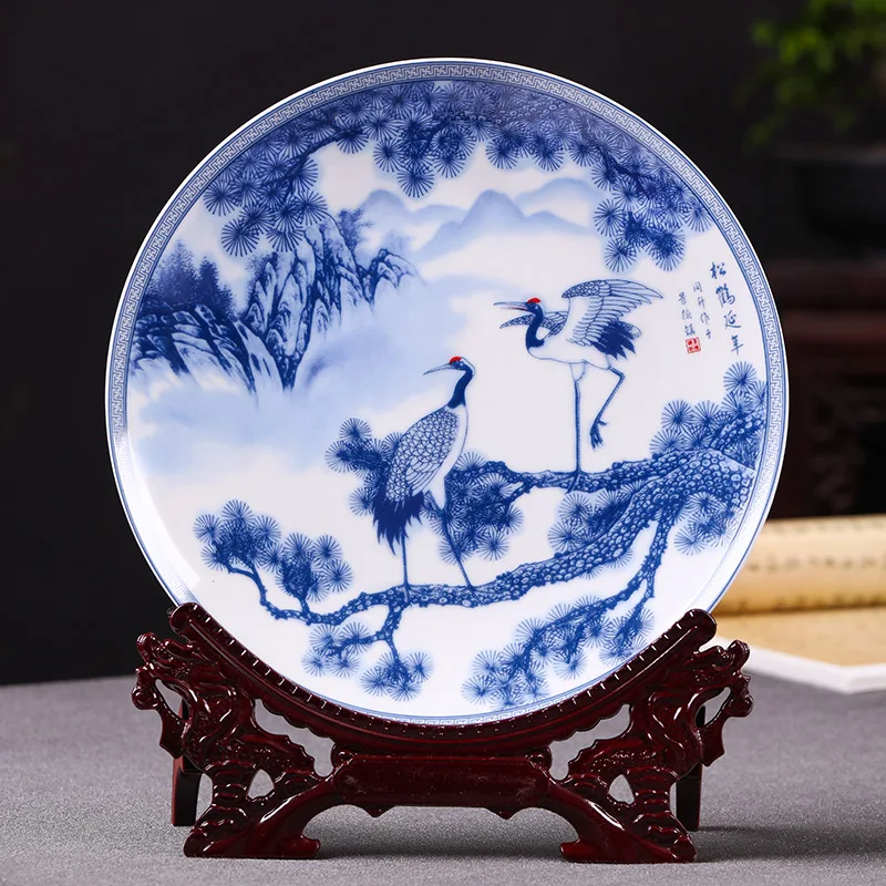 Jingdezhen porcelain hanging plate blue and white pine crane decoration plate living room household handicraft decoration