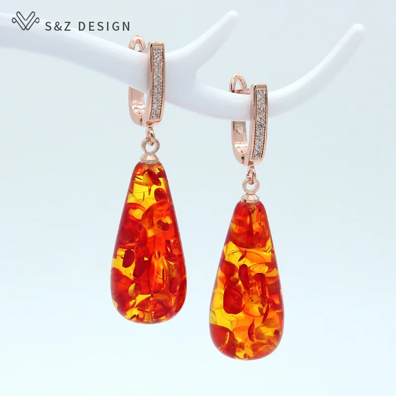 S&Z DESIGN New Trendy Colorful Flower Water Drop Dangle Earrings Women Wedding Fine Jewelry 585 Rose Gold Color Eardrop