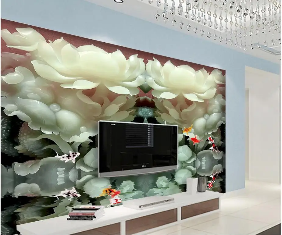 

Home Decoration 3d stereoscopic wallpaper Jade carving lotus fish photo mural wallpaper window mural wallpaper