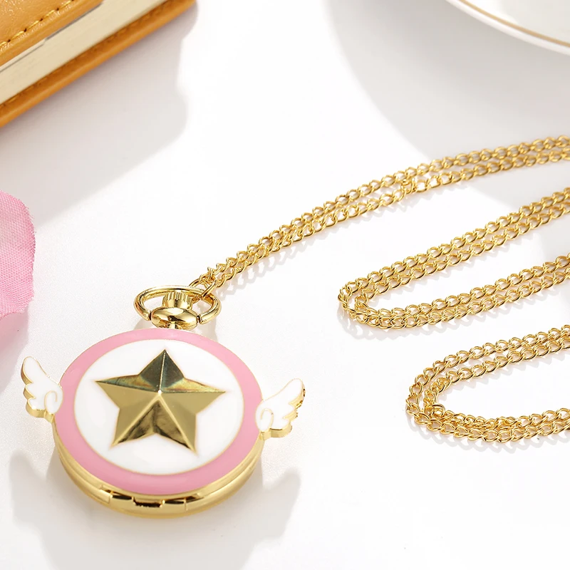 Japan Anime Cardcaptor Sakura Golden Pocket Watch Necklace Star Wings Pendant Chain Clock Women Girls Gift