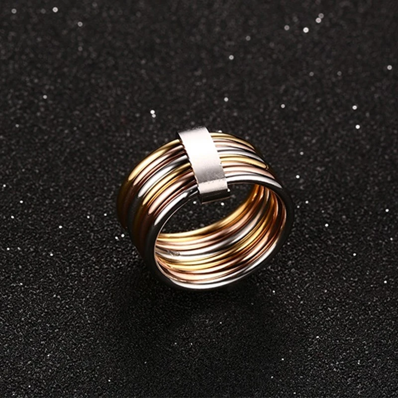 Women\'s Unique Rings Stainless Steel 6 Circle Interlocked Stacked 10MM Wide Statement Party Bijoux Accessories