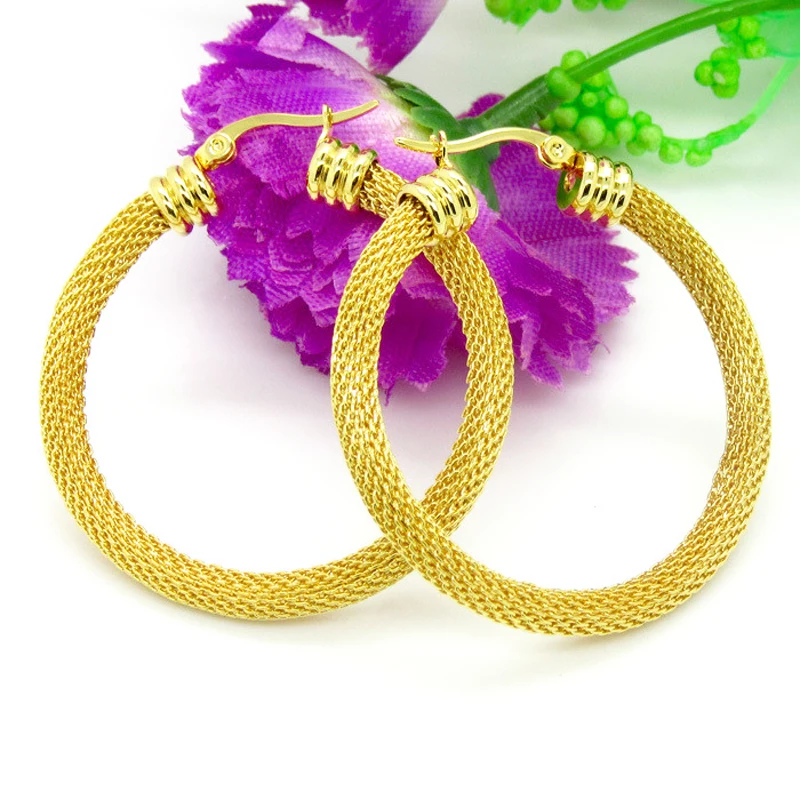 3 Size Gold Colour Women Gift Sale Fashion Jewelry Stainless Steel Mesh Wives Round Fancy Hoop Earrings