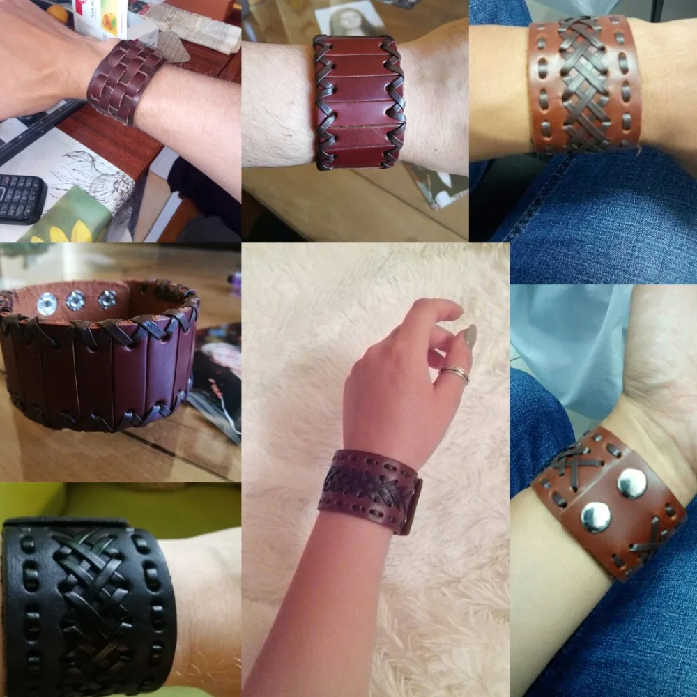 OBSEDE Fashion Wide Genuine Leather Bracelet for Men Brown Wide Cuff Bracelets & Bangle Wristband Vintage Punk Male Jewelry Gift image 2
