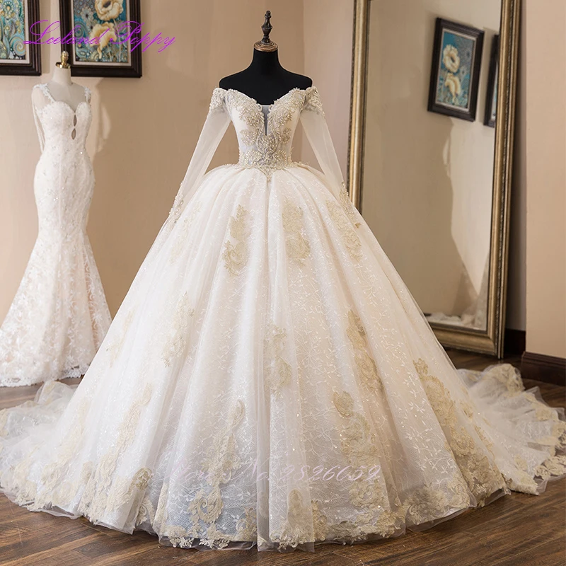 Lceland Poppy Customized Boat Neck Ball Gown Lace Wedding Dresses Long Sleeves Beaded Bridal Gowns with Cathedral Train