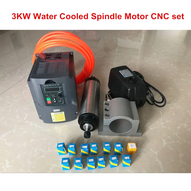 

3KW ER20 water cooled spindle + 3KW 220V frequency inverter + 100mm clamp + water pump +pipe + ER20 collet for Engraving machine