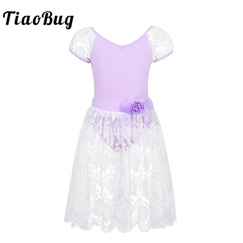 TiaoBug Kids Girls Puff Sleeve Tutu Ballet Dress Gymnastics Leotard with Lace Skirt Set Children Ballroom Lyrical Dance Costumes