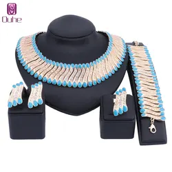 Women Dubai Gold Color Jewelry Sets Crystal Necklaces Earrings Ring Bracelet Wedding Party Accessories