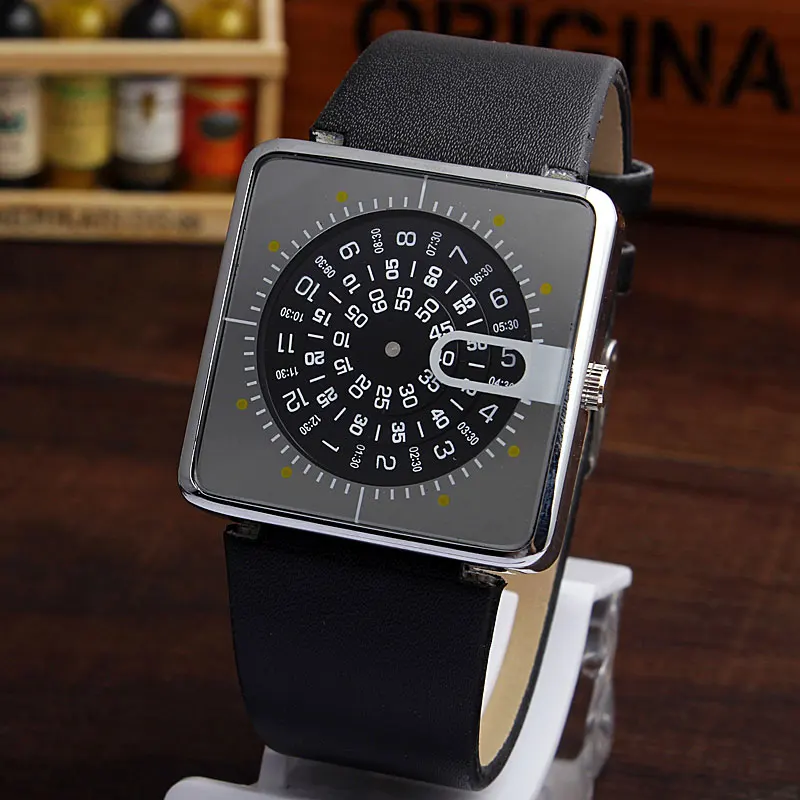 Unique Men Watch Square Dial Turntable Numeral Creative Fashion Quartz Wristwatch For Men Women Clock relogio masculino feminino