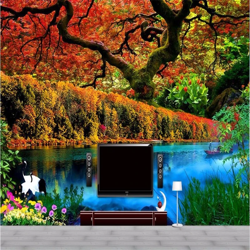 wellyu Custom wallpapers living room red maple lake painting murals 3D - office hotel background wall non - woven wallpaper