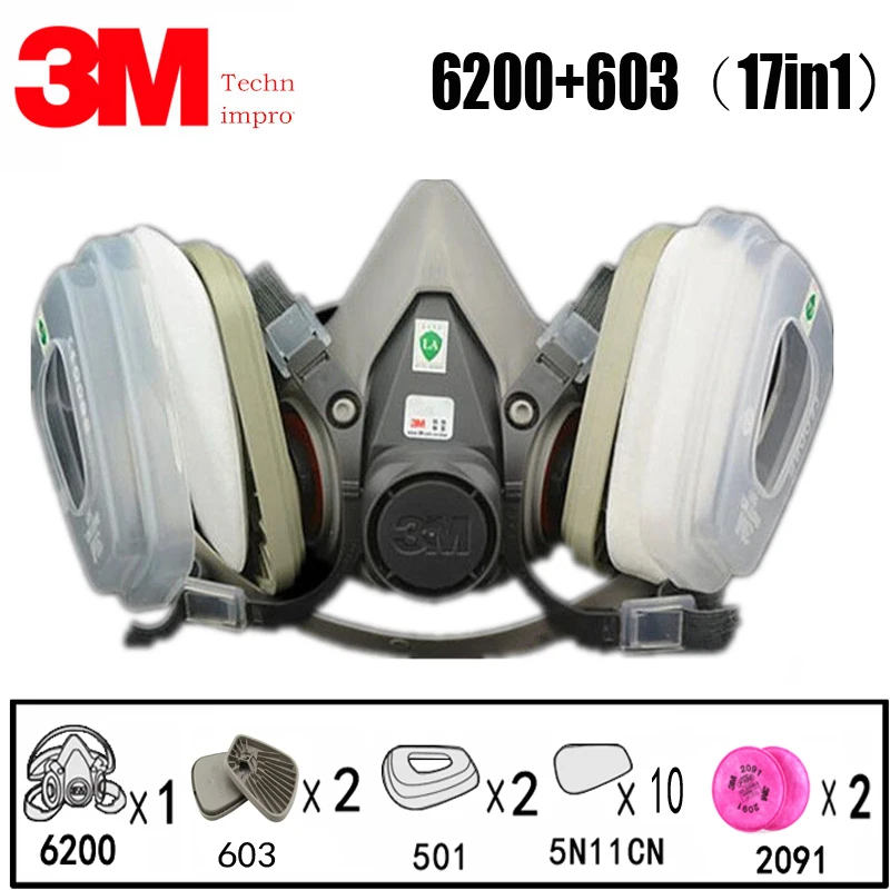 17 in 1 3M 6200 Industrial Half Mask Spray Paint Gas Mask Respiratory Protection Safety Work Dust-proof Respirator Mask Filter