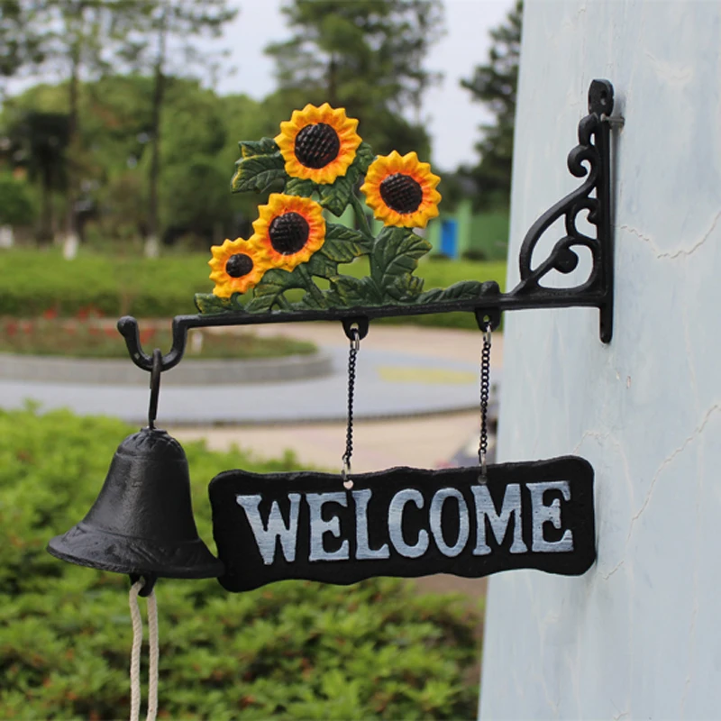 Yellow Green Sunflower Cast Iron Hand Cranking Bell With Hanging Welcome Signs Plaque Home Garden Hand Paint Double-sided Ring