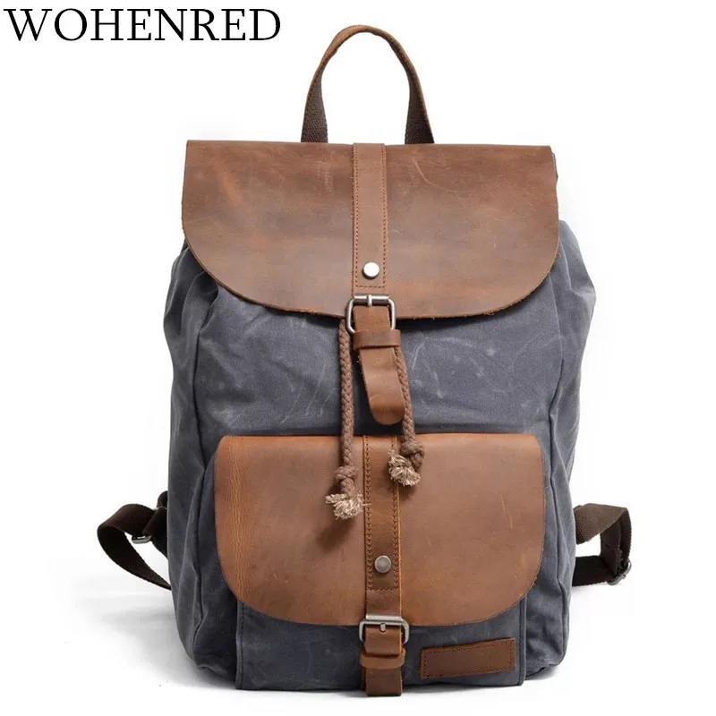 Vintage Leather Canvas Backpack Men Laptop Bag  College School Bookbag Shoulder Bag Large Capacity Waterproof Travel Rucksack