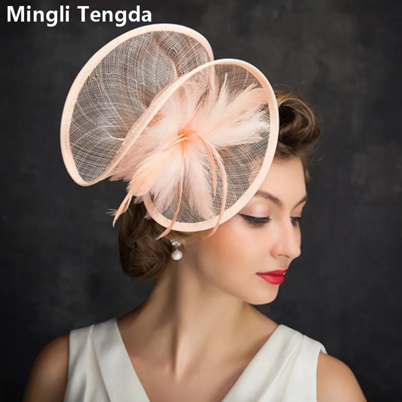 Mingli Tengda-Sombrero de boda con plumas de cáñamo para mujer, sombrero de novia de Color sólido, tocado de malla, banquete de boda, sombreros de Color rosa carne