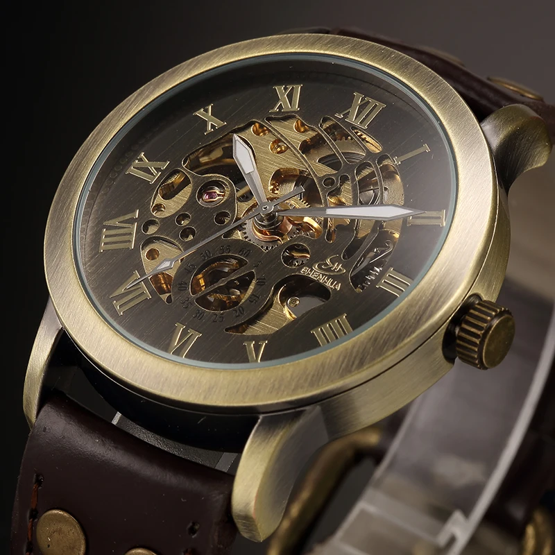 SHENHUA Vintage Design Male Clock Skeleton Dial Relogios Auto Mechanical Men\'s Wrist Watches Casual horloges mannen