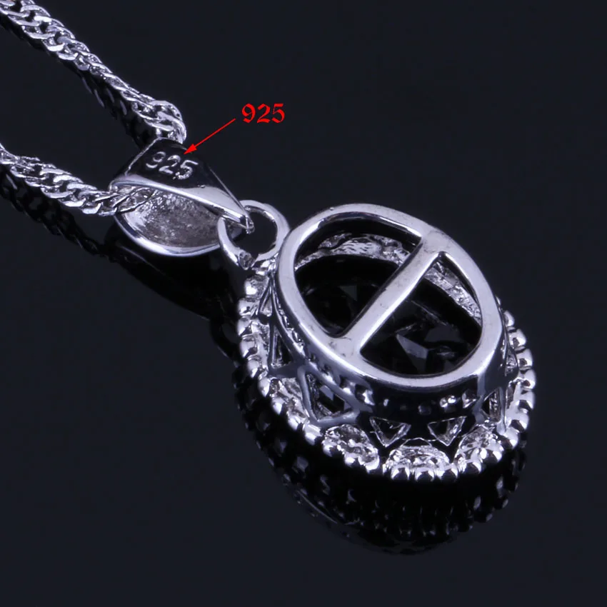 Heavenly Big Oval Black Cubic Zirconia Silver Plated Jewelry Sets Earrings Pendant Chain Ring V0264