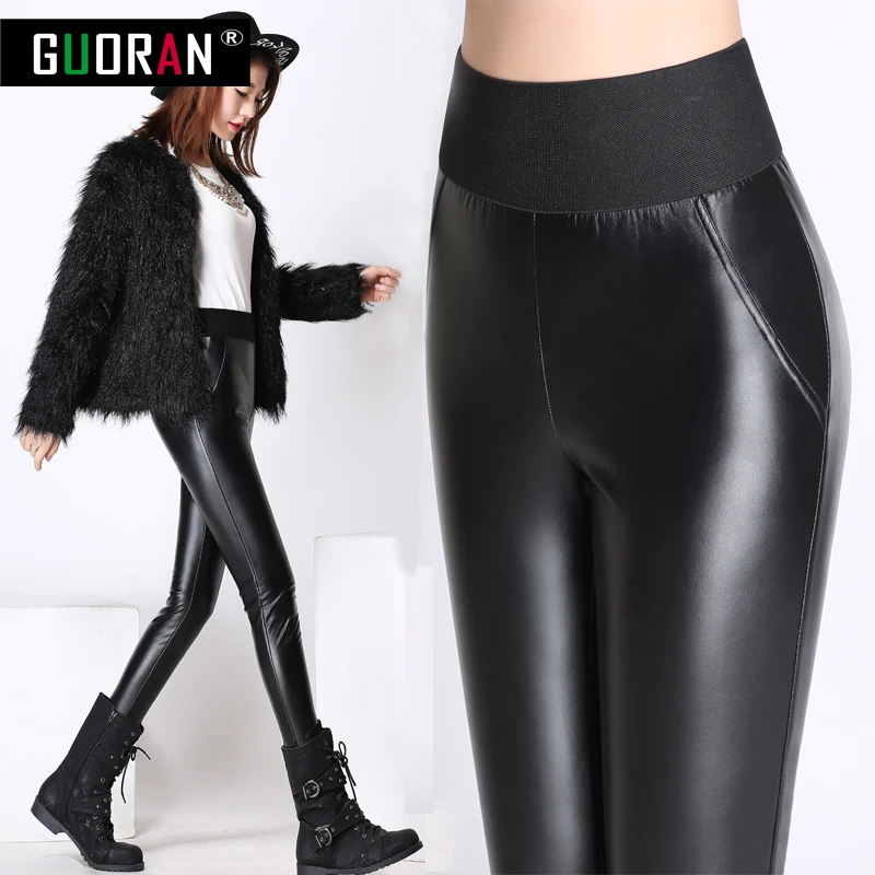 

2022 Thicken Winter PU Leather women pants high waist elastic fleece stretch Slim woman pencil pants female leggings clothes