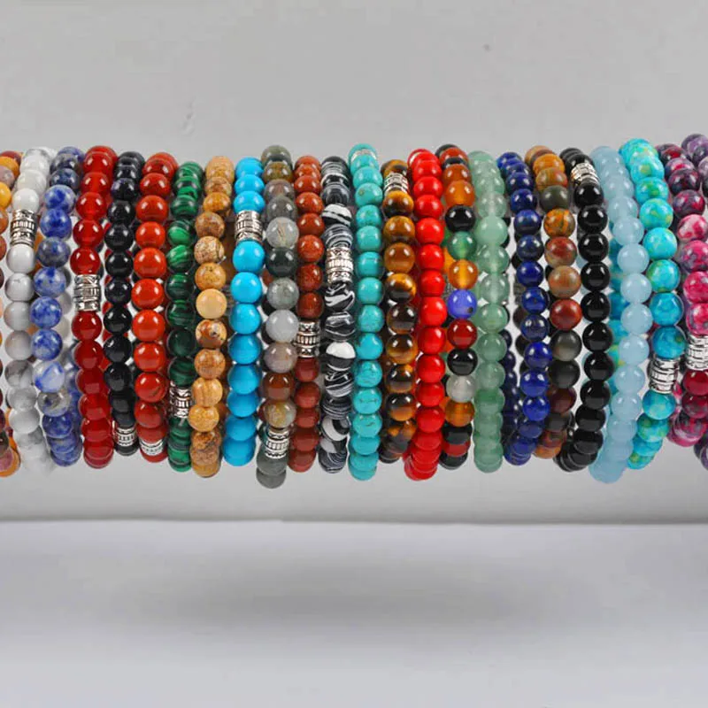 6MM Agate/Turquoise/Sandstone/Malachite/Tigereye/Picasso/Mookaite/Picture Stone Bead Tibetan Silver Bracelet Stretch Jewelry