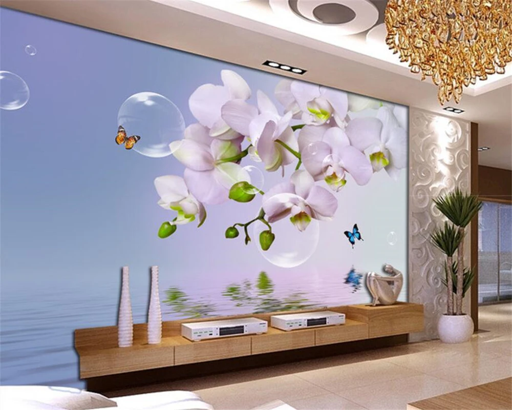 

Beibehang Custom Wallpapers Living Room Bedroom Background 3d Wallpapers Fantasy Phalaenopsis Reflections TV Background murals