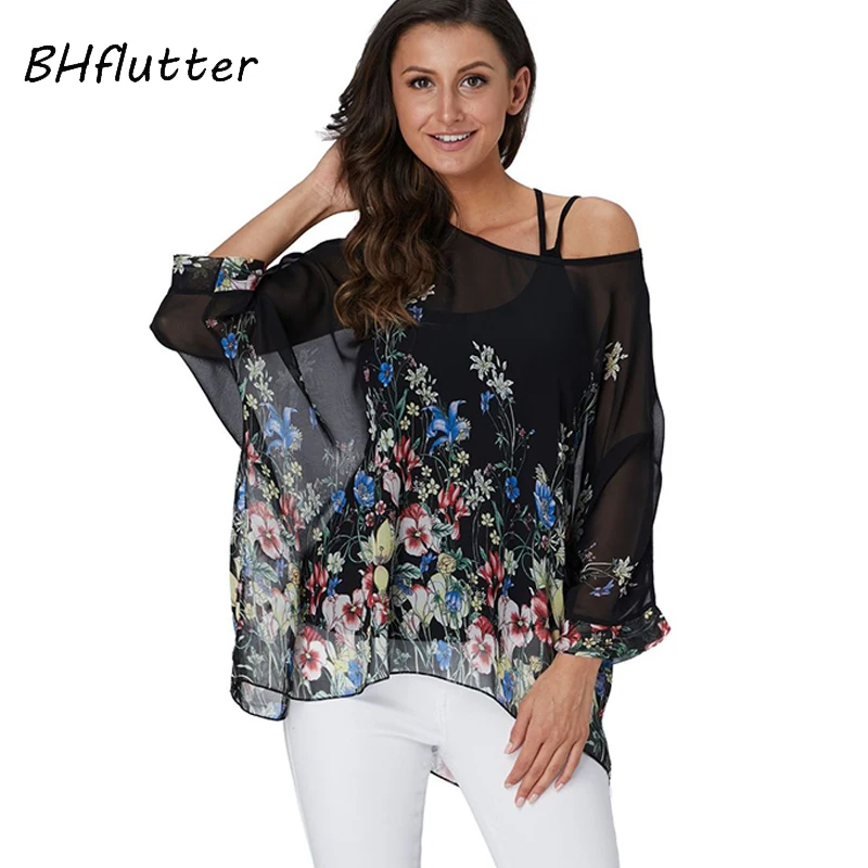 Bhflutter 4XL 5XL 6XLプラスサイズ 2019 女性シックな花柄シフォンブラウスシャツセクシーなオフショルダー夏トップスチュニック