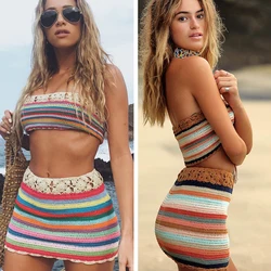 Moda kolorowa bluzka sznurowana typu Crop Top i spódnica z wysokim stanem zestaw 2022 kobiet lato Bikini na plażę pływać narzuta na kostium kąpielowy kostiumy kąpielowe