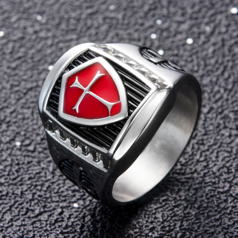 US 7 to 14 Mans Stainless Steel Titanium Red Armor Shield Knight Templar Crusade Cross Signet Ring Medieval Signet Retro Vintage