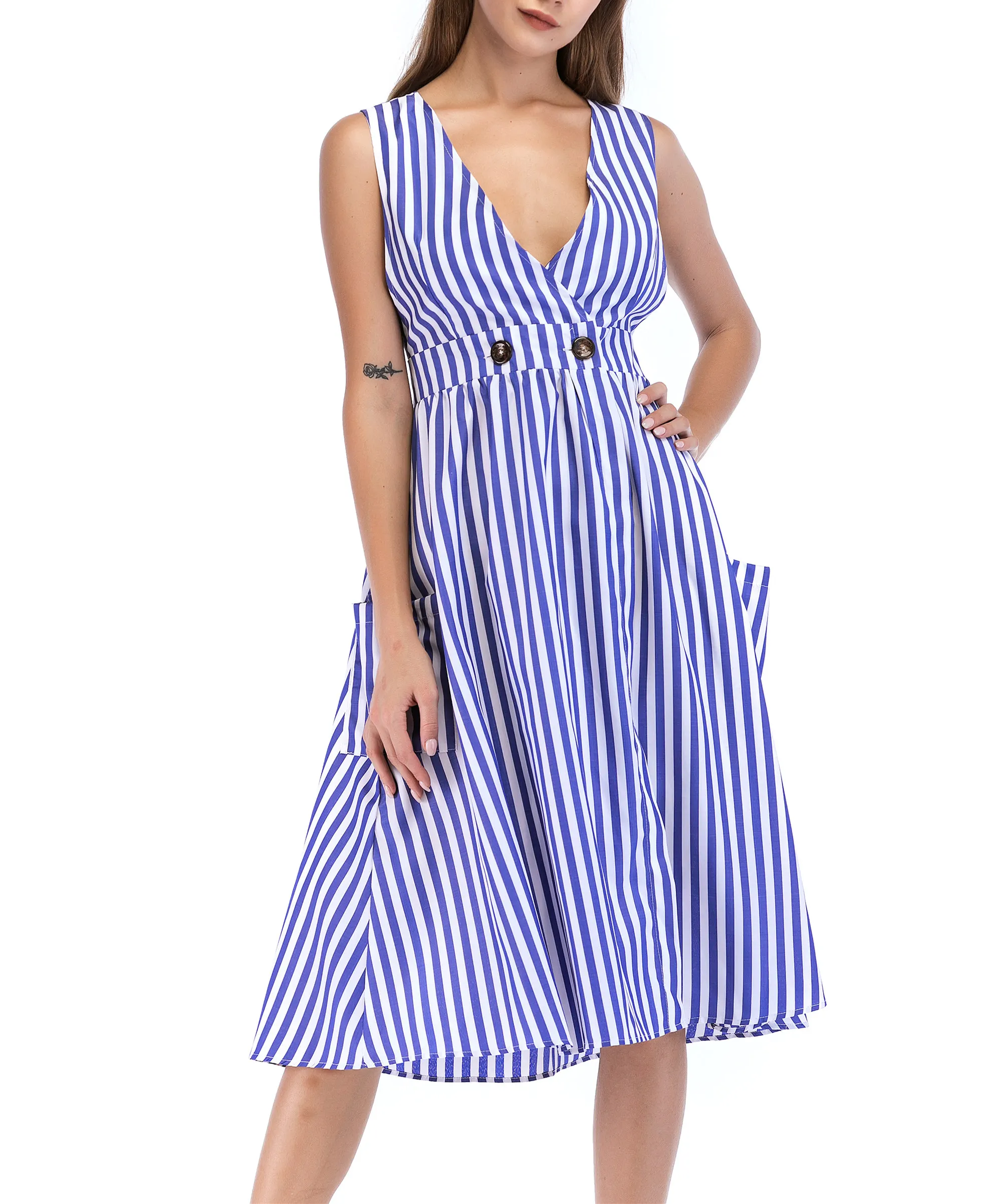 

Summer Striped Casual Dresses Women Sexy V-Neck Sleeveless A-Line Button Pockets Midi Dress New Arrival Vestidos 2019