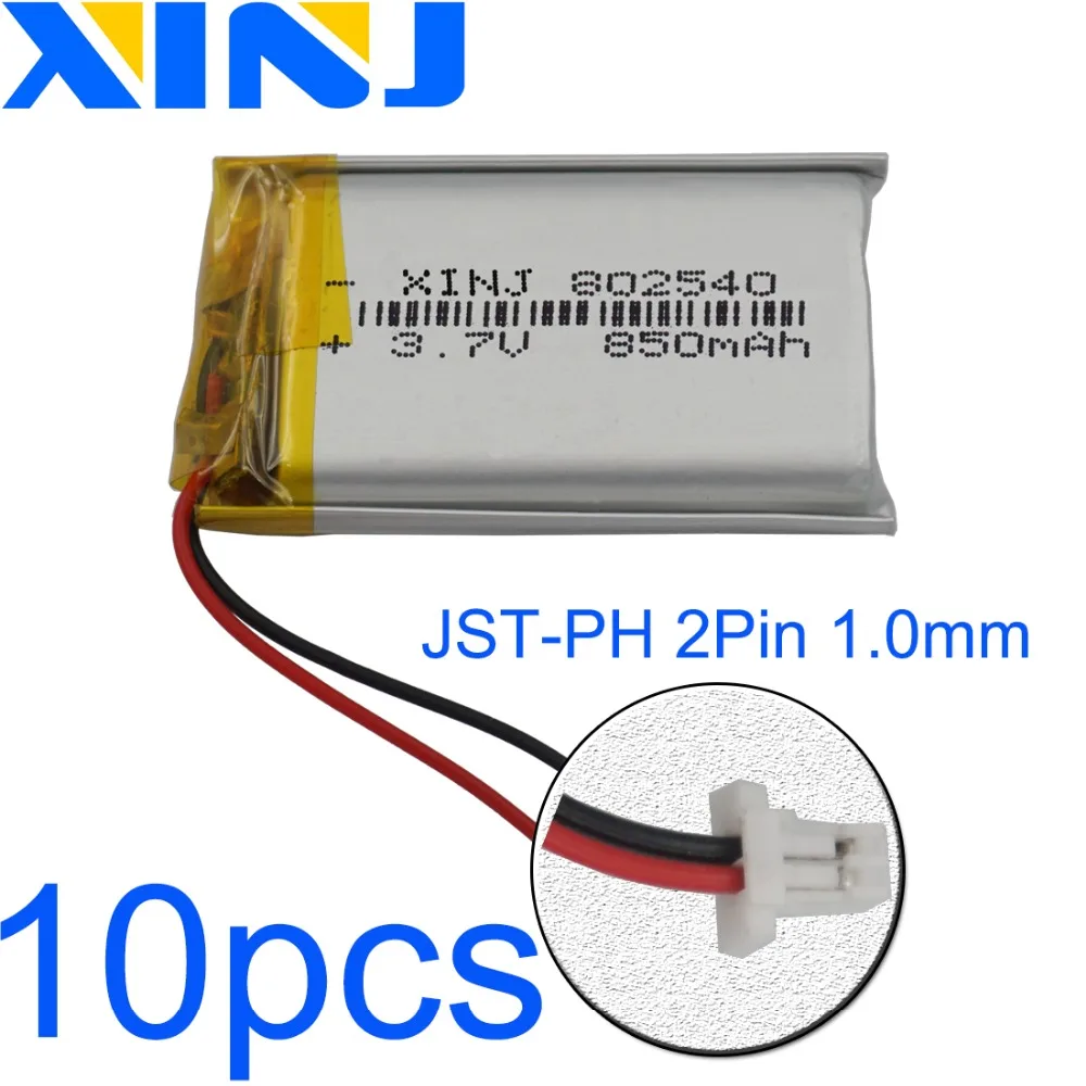 XINJ 10pcs 3.7V 850mAh 2pin JST-PH 1.0mm Polymer Li Lithium Battery Lipo Cell 802540 For Camera PDA Navigation GPS Bluetooth