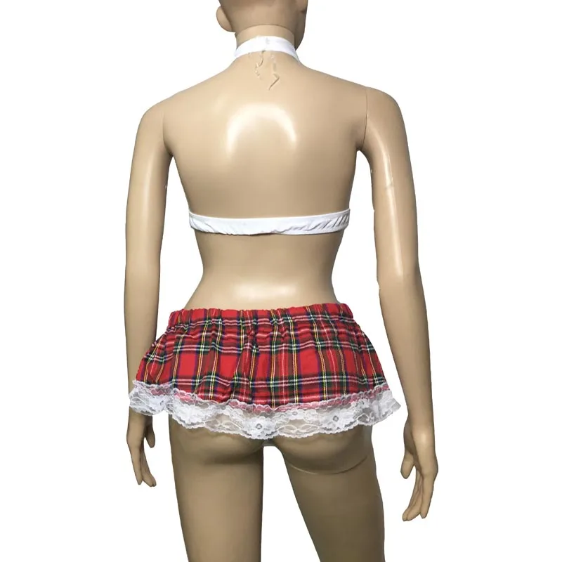 Uniforme de talla grande para niña, uniforme de estudiante de preparación, sujetador a cuadros, Top con ribete de encaje, minifalda, conjunto de disfraz de Lolita, lencería Sexy para mujer