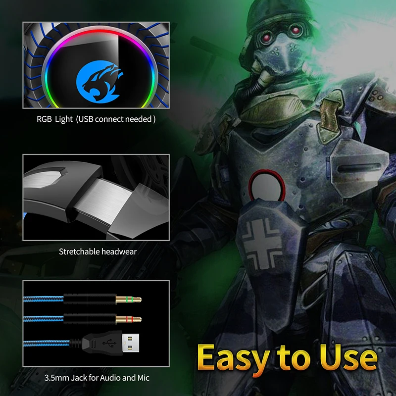 Fone de ouvido supra-auricular com som surround 7.1, cancelamento de ruído, microfone, luz led rgb, para jogos, xbox one, ps4, pc