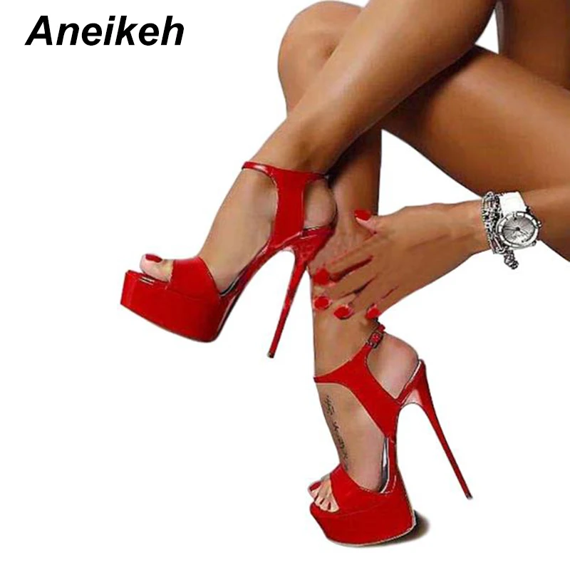 Aneikeh 16cm Ultra High Heels Sandals For Women Summer Sexy platform Wedge Club Shoes Woman Patent Leather Sandals