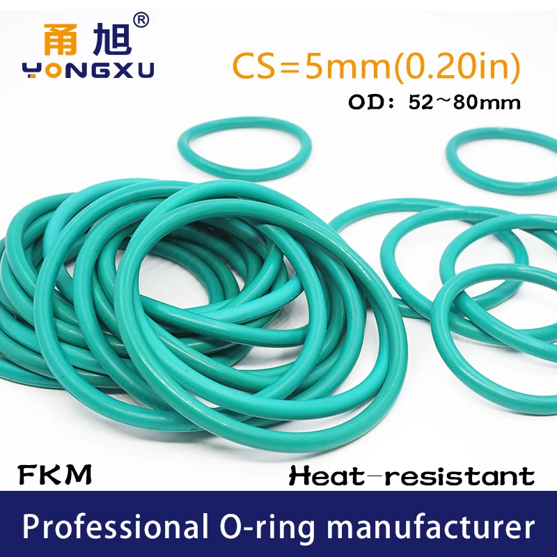 Green FKM Rubber fluororubber O-rings Seals CS5mm OD52/55/58/60/62/65/68/70/75/80*5mm Ring Seal Gasket Fuel Sealing Rings Washer