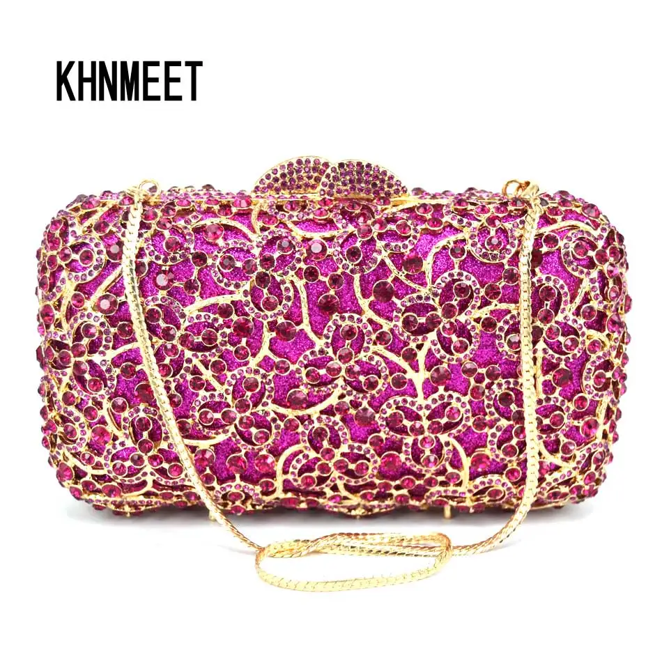 Luxury Fashion Crystal Fuschia Evening Bag Women Wedding Party Purse Bridal Clutch Bag Female Prom Bag SC575