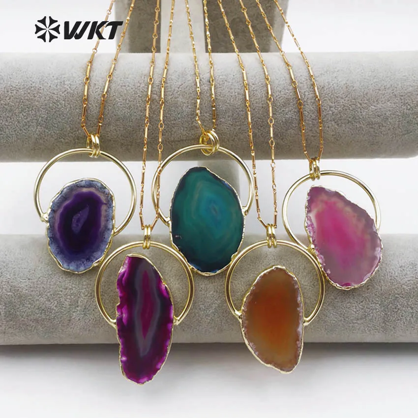 

WT-N1138 WKT Wholesale colorful stone necklace top quality slice stone with round metal electroplated 2018 new design 10pcs/lot