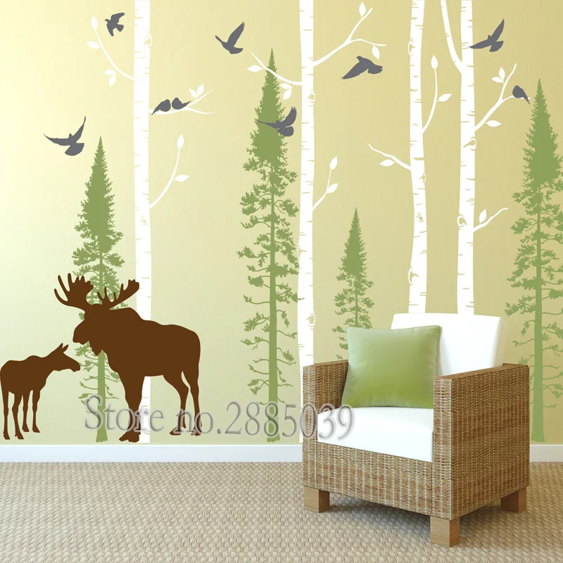 

Wall Stickers Tree Deer and Birch Tree Wall Decal Birch and Forest Art Living Room Sofa Background Wall Decor Branches LA927