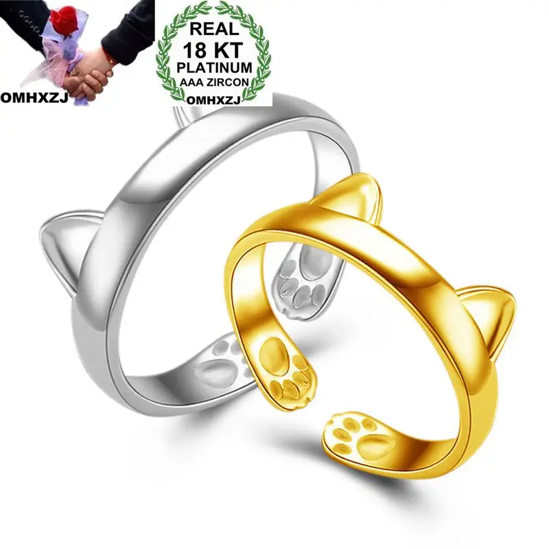 OMHXZJ Wholesale Personality Fashion OL Woman Girl Party Wedding Gift Gold White Cute Cat 18KT Yellow Gold White Gold Ring RN37