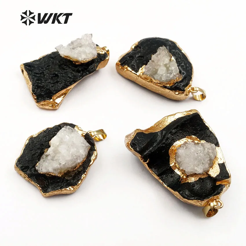 WT-P1389 Bizarre Shape Black Tektite With Druzy Quartz Gold Dipped Pendant In High Quality Special Gift For Her