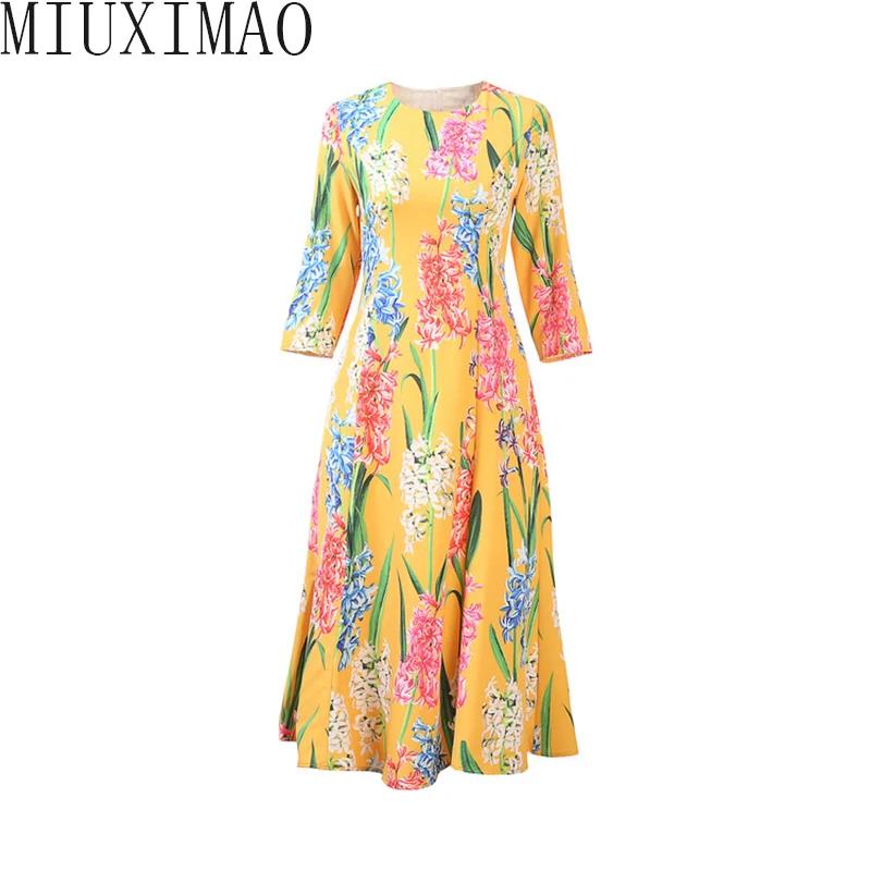 

MIUXIMAO 2023 Spring Dress Fashion O-Neck Wrist Flower Pattern Print Elegant Mid-Calf Zipper Autumn Dress Women Vestides