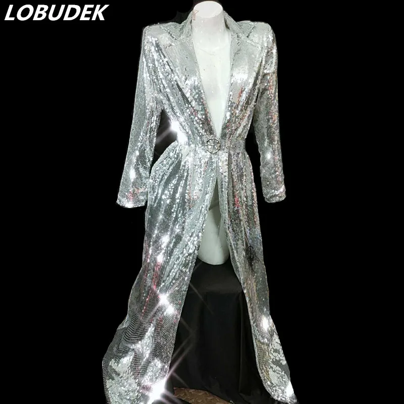 Sexy Fashion Women Open Stitch Silver Sequins Cloak Coat Singer Concert Stage Costume Nightclub Show Performance Sequin Jacket