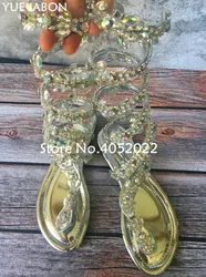 Snake Punk Rhinestone Lady Knee High Boots Summer Gladiator Designed Crystal Flats Sandal Boots Shoes Open Toe Shoes Plus Size