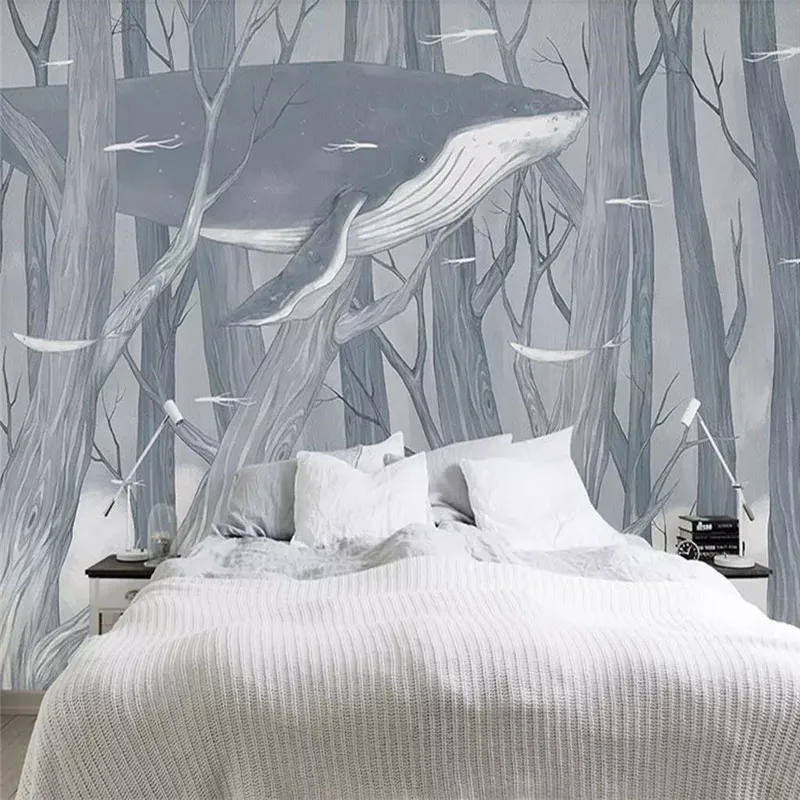 Custom Mural Wallpaper Hand-painted Forest Whale Living Room Background Wall