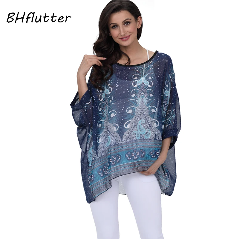 BHflutter Plus Size 2018 Women Tops Tees Batwing Sleeve Casual Loose Chiffon Blouse Shirt O neck Solid Summer Blouses Blusas