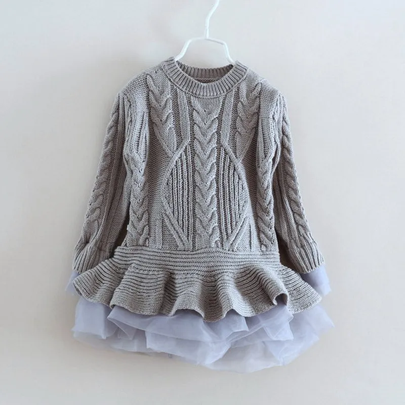 Brand Kids Girls Knitted Sweater Dresses Princess Pullovers sweaters Princess Dress with lace shrugs for Autumn Winter 2-6Y