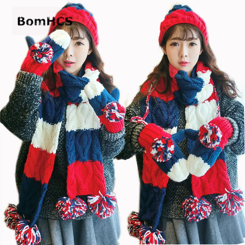 BomHCS 3pcs Suit (hat+gloves+scarf) 100% Handmade Knitted Women's Winter Warm Beanie Mittens Neckerchief