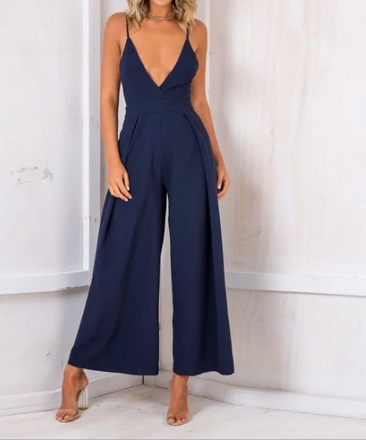 Strap Backless Long Jumpsuits Women Solid Back Bow Flare Leg Playsuit  Summer Beach Loose Jumpsuit Laipelar