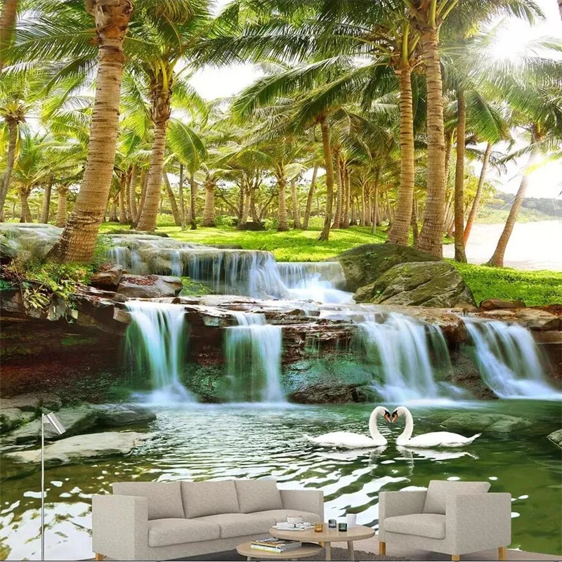 

wellyu Hainan Island coconut tree forest water waterfall landscape painting wall custom large mural green wallpaper mural