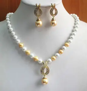 

Fashion 8mm White And Yellow Pearl Necklace Yellow Earring Pendant Jewelry Set