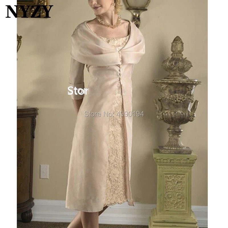 

NYZY M150 Champagne Wedding Party Dress Lace Guest Wear 2 Piece Mother of the Bride Groom Dresses with Jacket Bolero Elegant