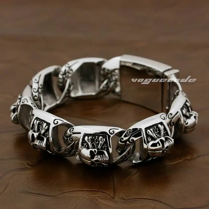 5 Length Huge Heavy 316L Stainless Steel Pirate Skull Mens Boys Biker Rock Punk Curb Link Bracelet 5T002