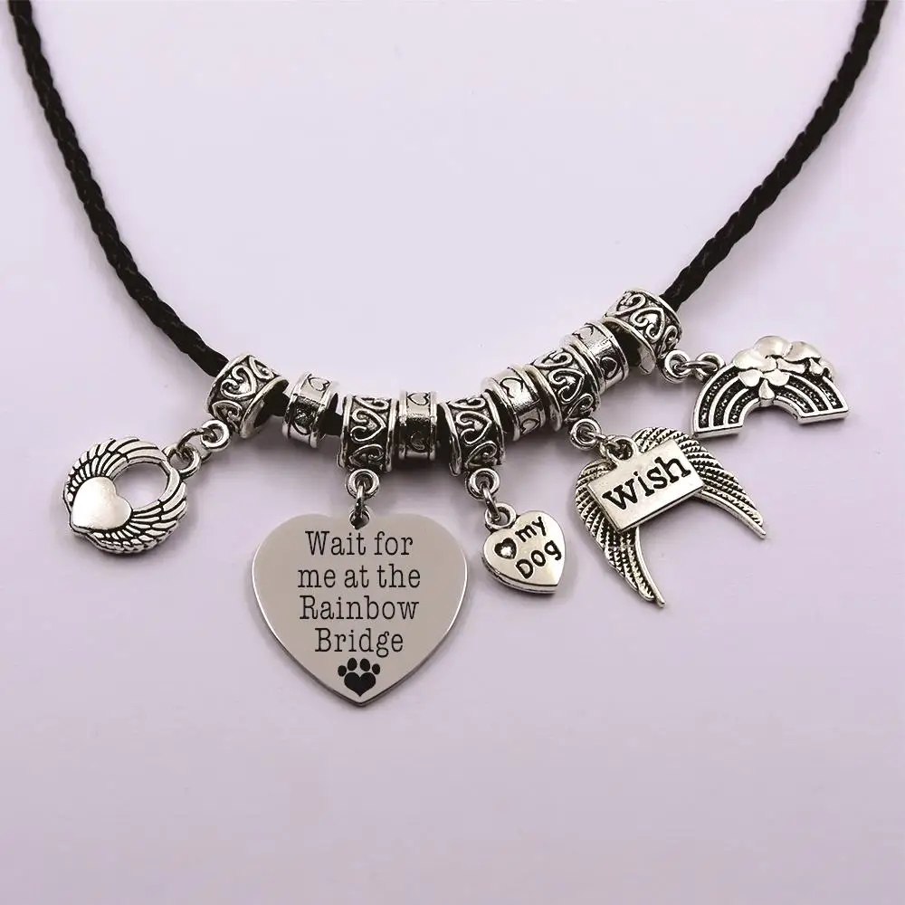 

wait for me at the rainbow bridge leather chain dog angel the rainbow bridge pet loss pet owner dog lover necklace