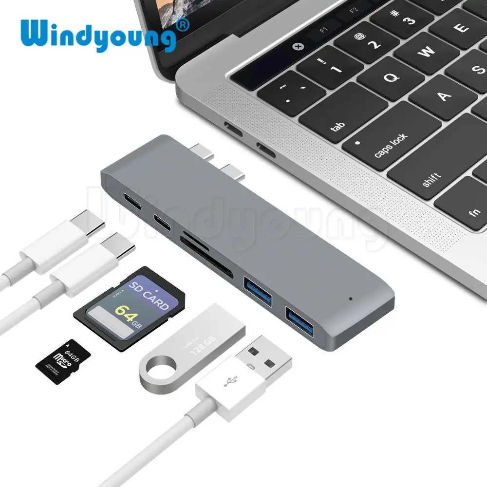 USB C타입 허브 어댑터, 맥북 프로 에어 M1 M2 2021 2020 2019 2018 썬더볼트 3 PD USB 3.0 SD TF 카드 리더기, 6 인 1